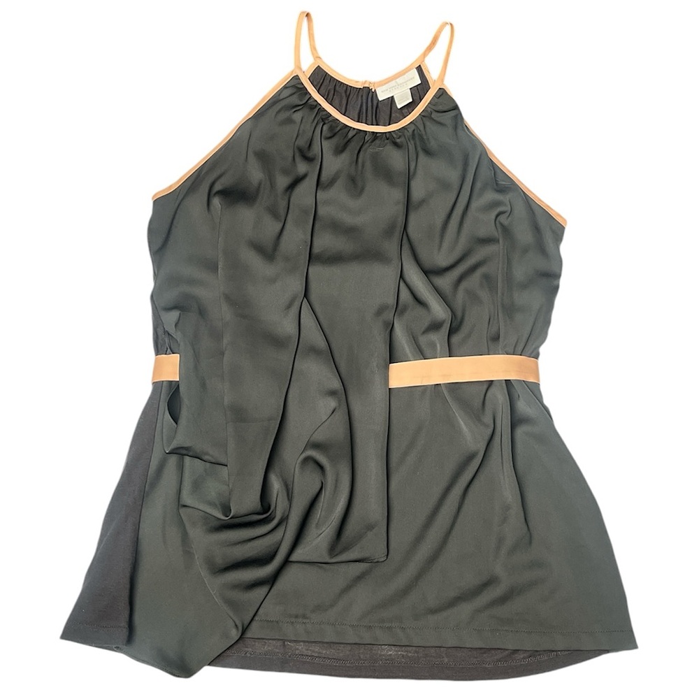 NY&Co. Stretch Black & Beige Piped Drape Belted Summer Blouse Button Neckline M